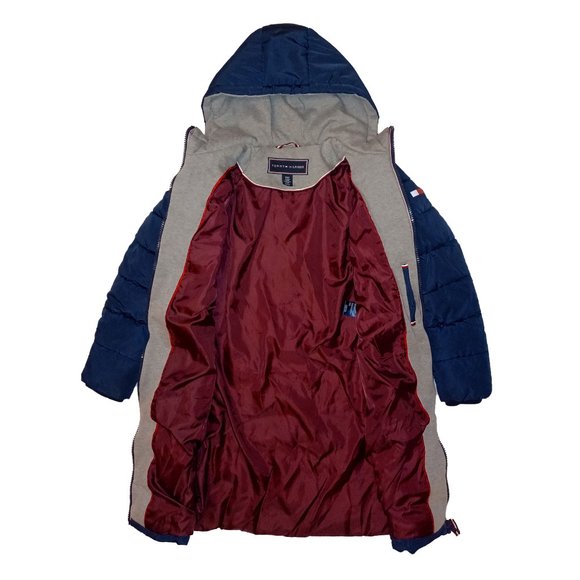 Women's Tommy Hilfiger Deep Blue Puffer Hooded Jacket 3 Pockets Maroon Lining S - Picture 2 of 15